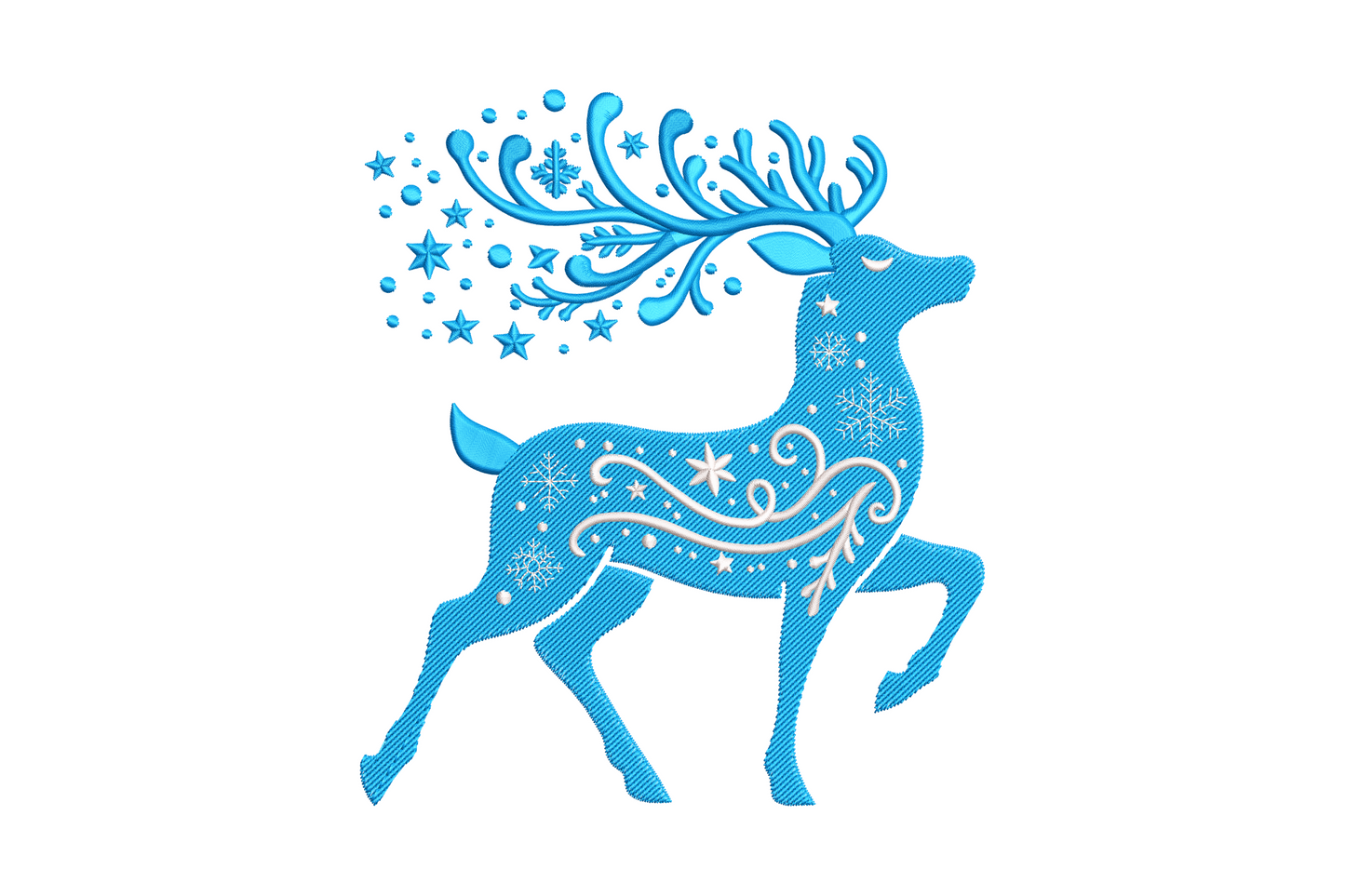 Winter reindeer embroidery design, clean line-art deer profile with scattered snowflakes, two-color outline style for blankets and knitwear
