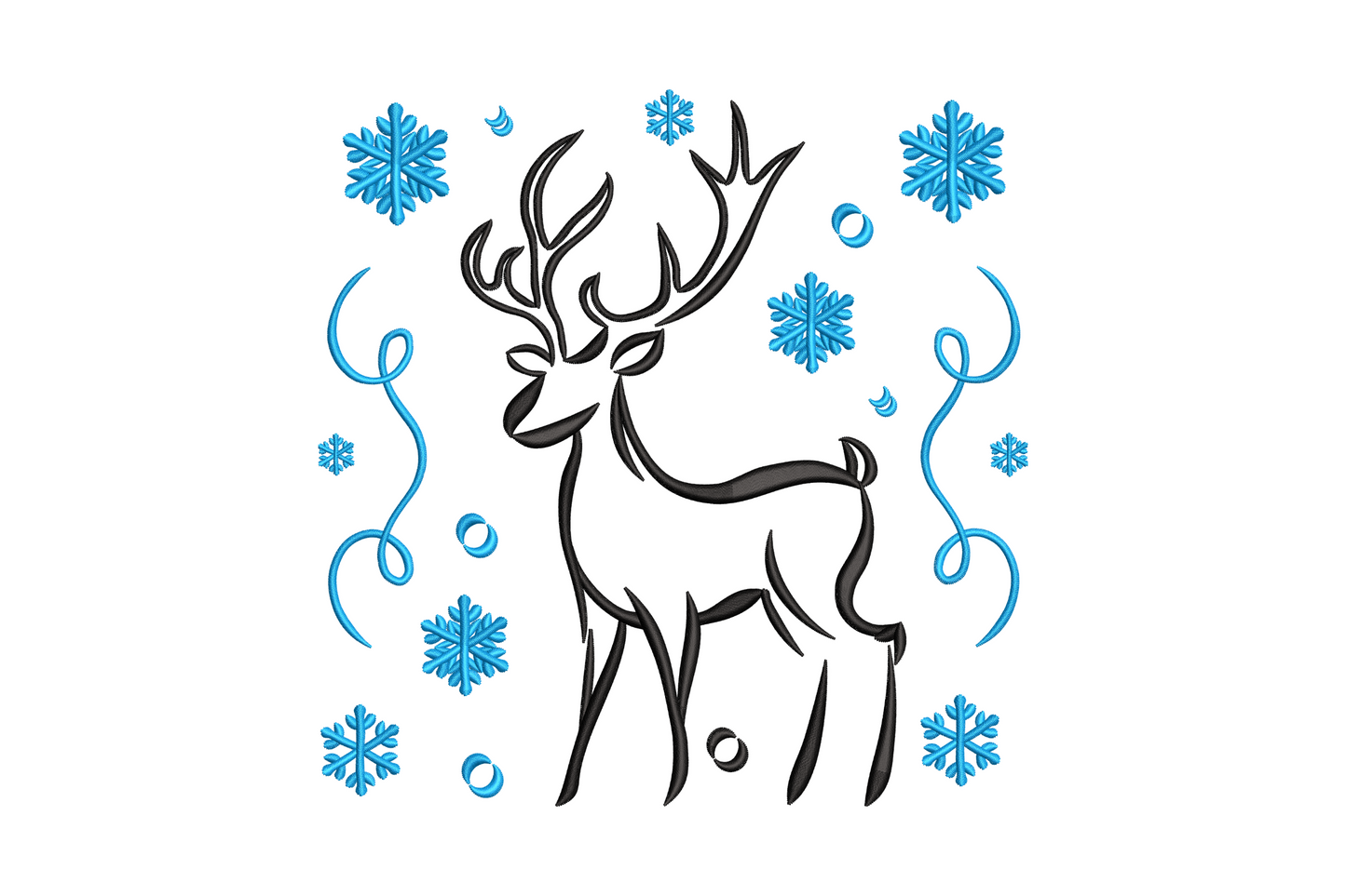 Line-art reindeer silhouette with blue satin snowflakes winter embroidery design, minimal two-colour holiday stag with crystal snowflakes