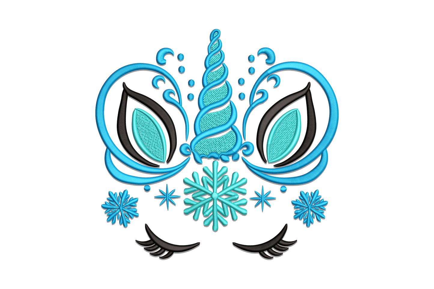 Winter snowflake unicorn face embroidery design with spiral horn, aqua scroll antennae, teal almond eyes, three snowflakes and long black lashes in icy blue palette