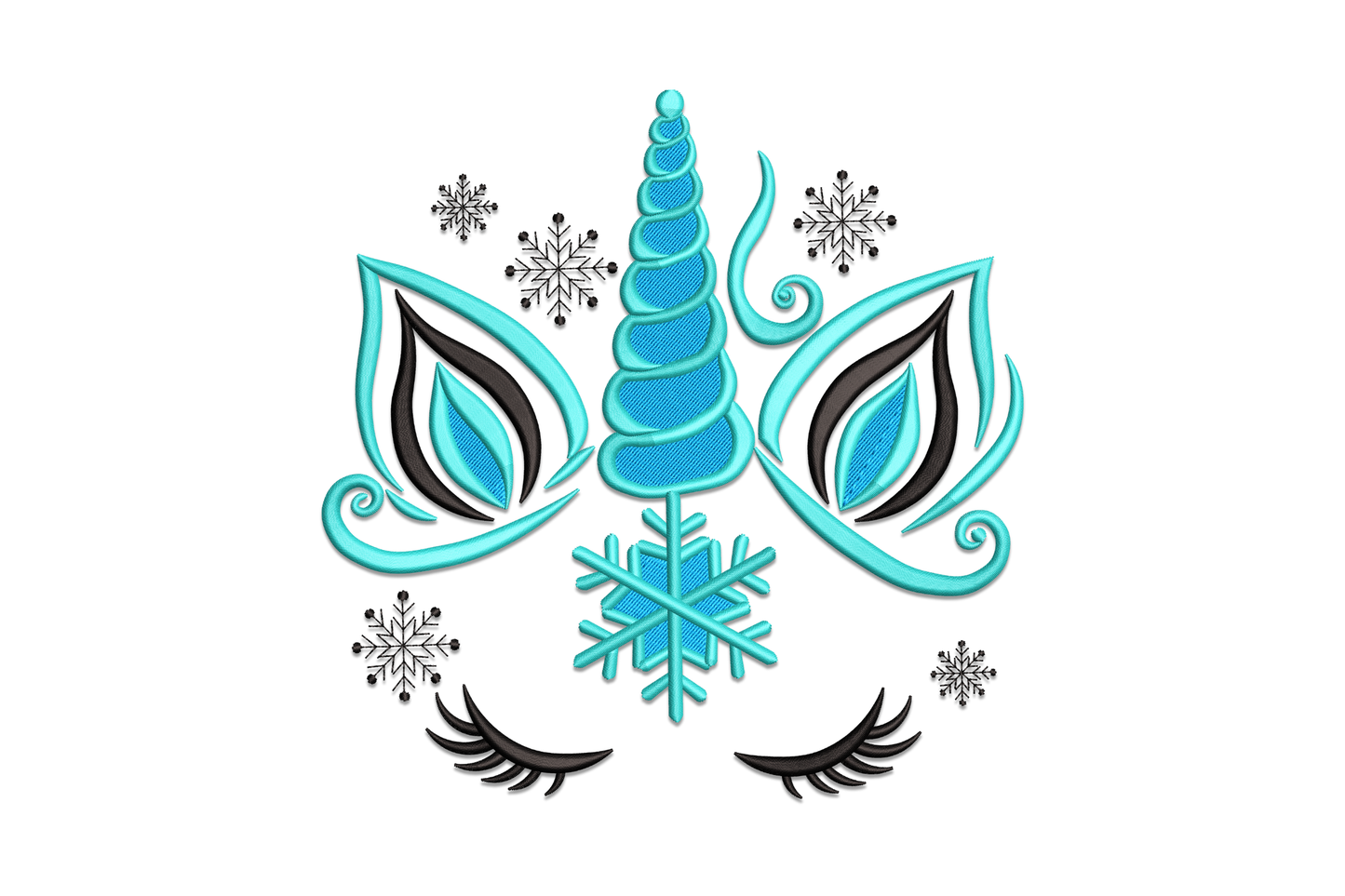 Winter unicorn face embroidery, teal spiral horn, blue teardrop eyes, black lashes and aqua snowflakes, cool-toned