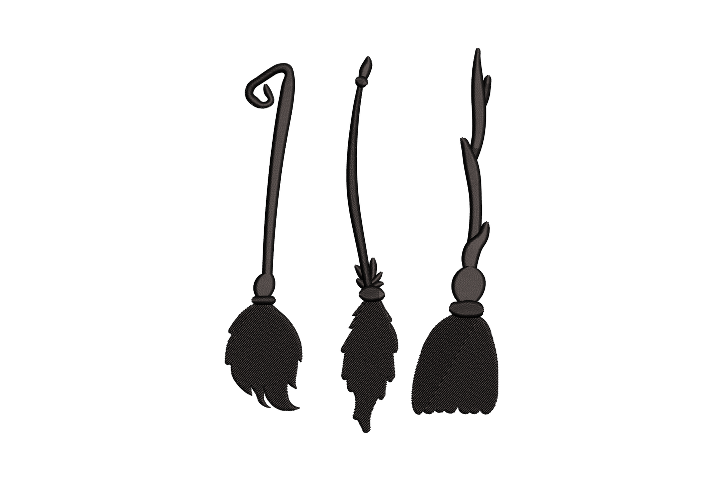 Three witch brooms side by side, curled, straight and branching handles, solid black Halloween embroidery.