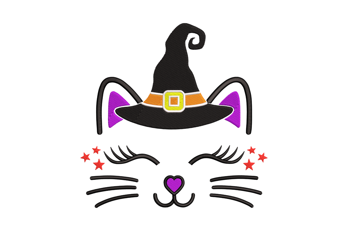 Witch cat face halloween embroidery design, cute kitty with sleepy eyes, purple heart nose and tall black witch hat with orange band.