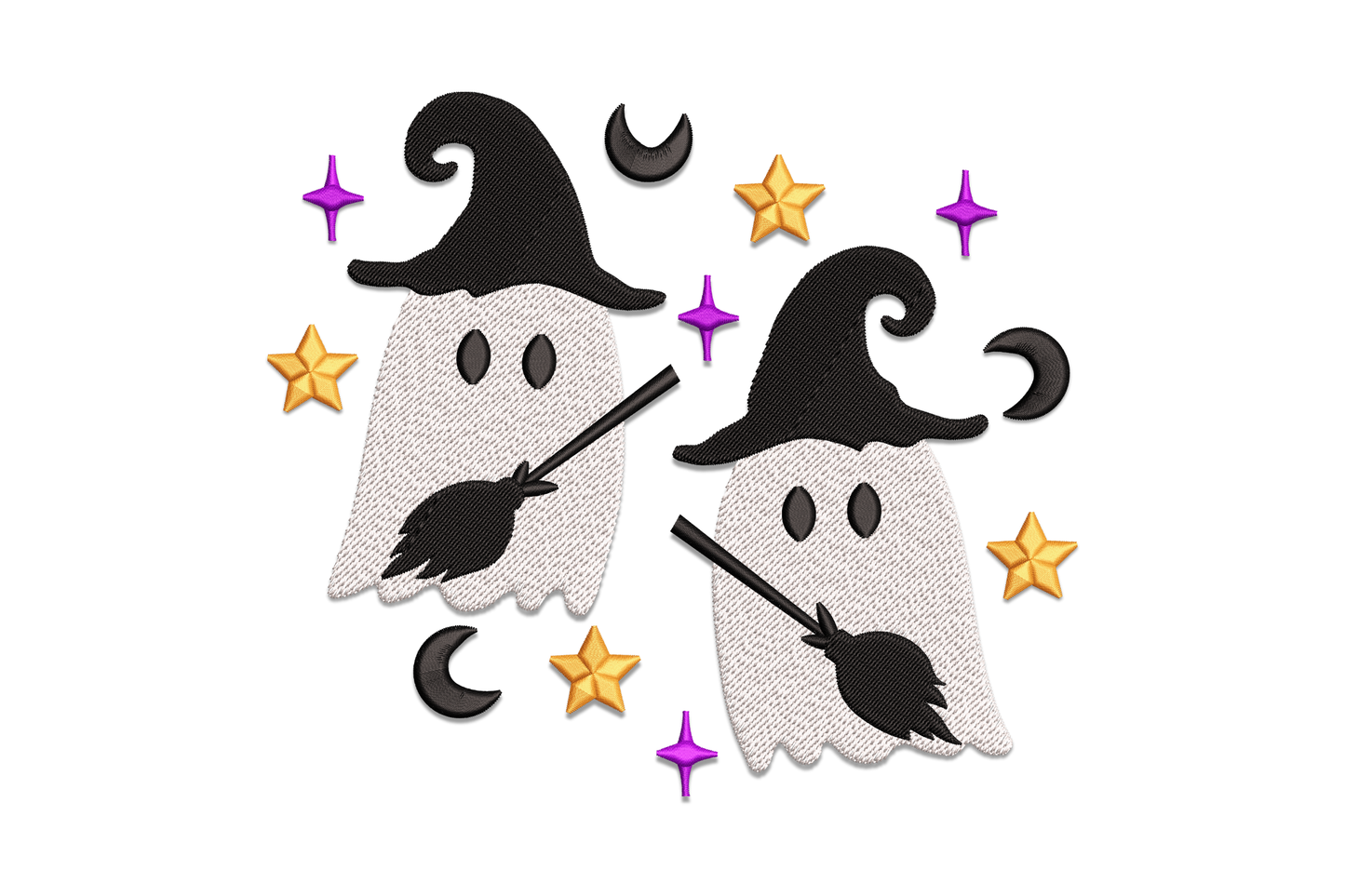 Witch ghost duo embroidery design, two white cartoon ghosts in black witch hats with broomsticks, gold stars and purple sparkles.