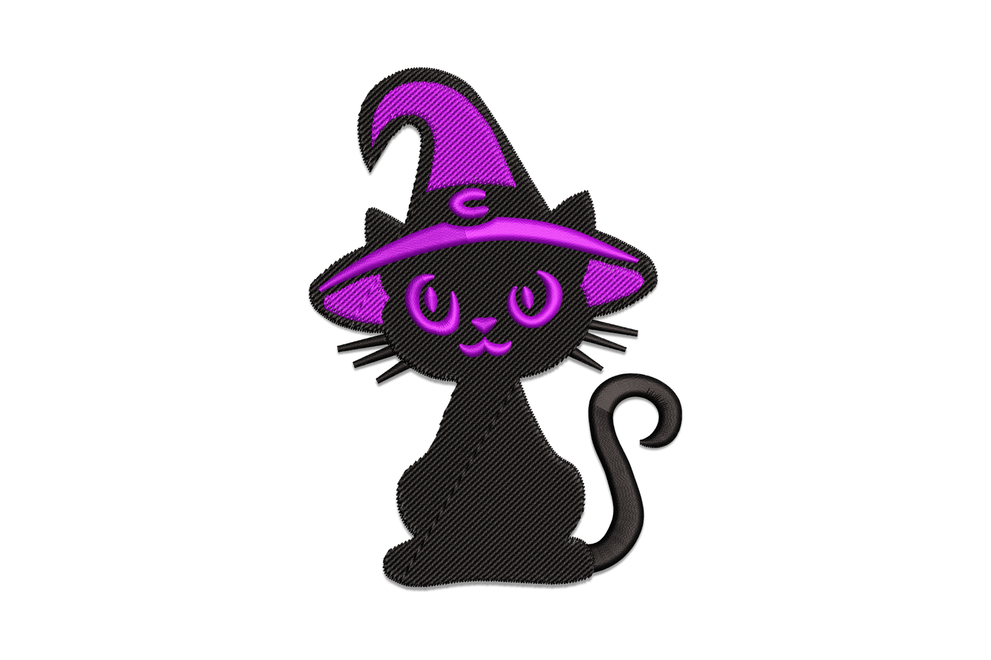 Black cat in purple witch hat machine embroidery design, seated silhouette character on white background