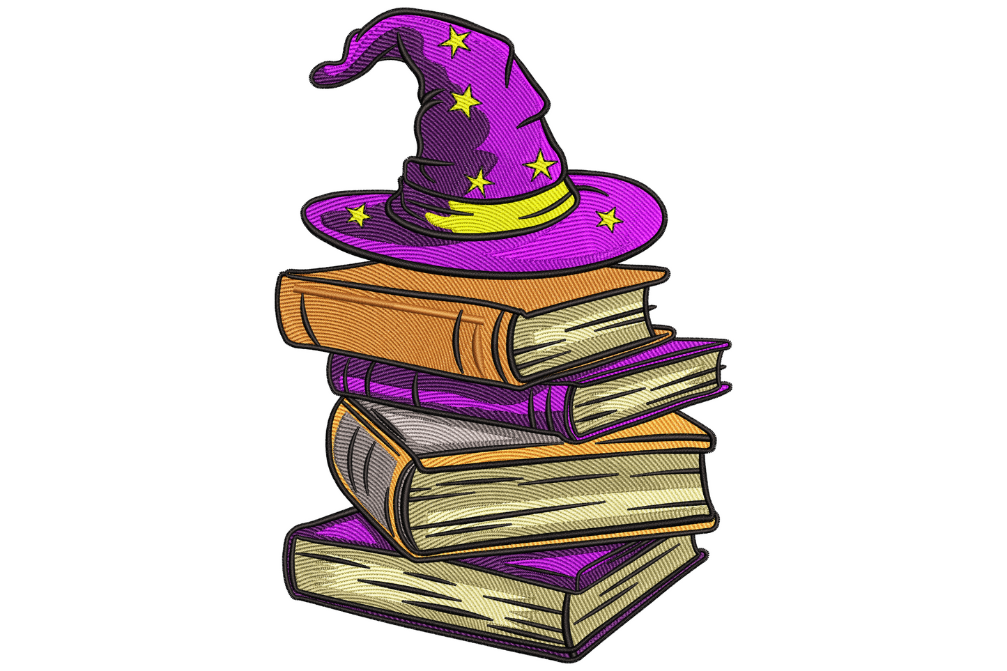 Witch hat and stacked books Halloween embroidery showing black pointed hat atop teal, burgundy and gold book spines with stars on white background.