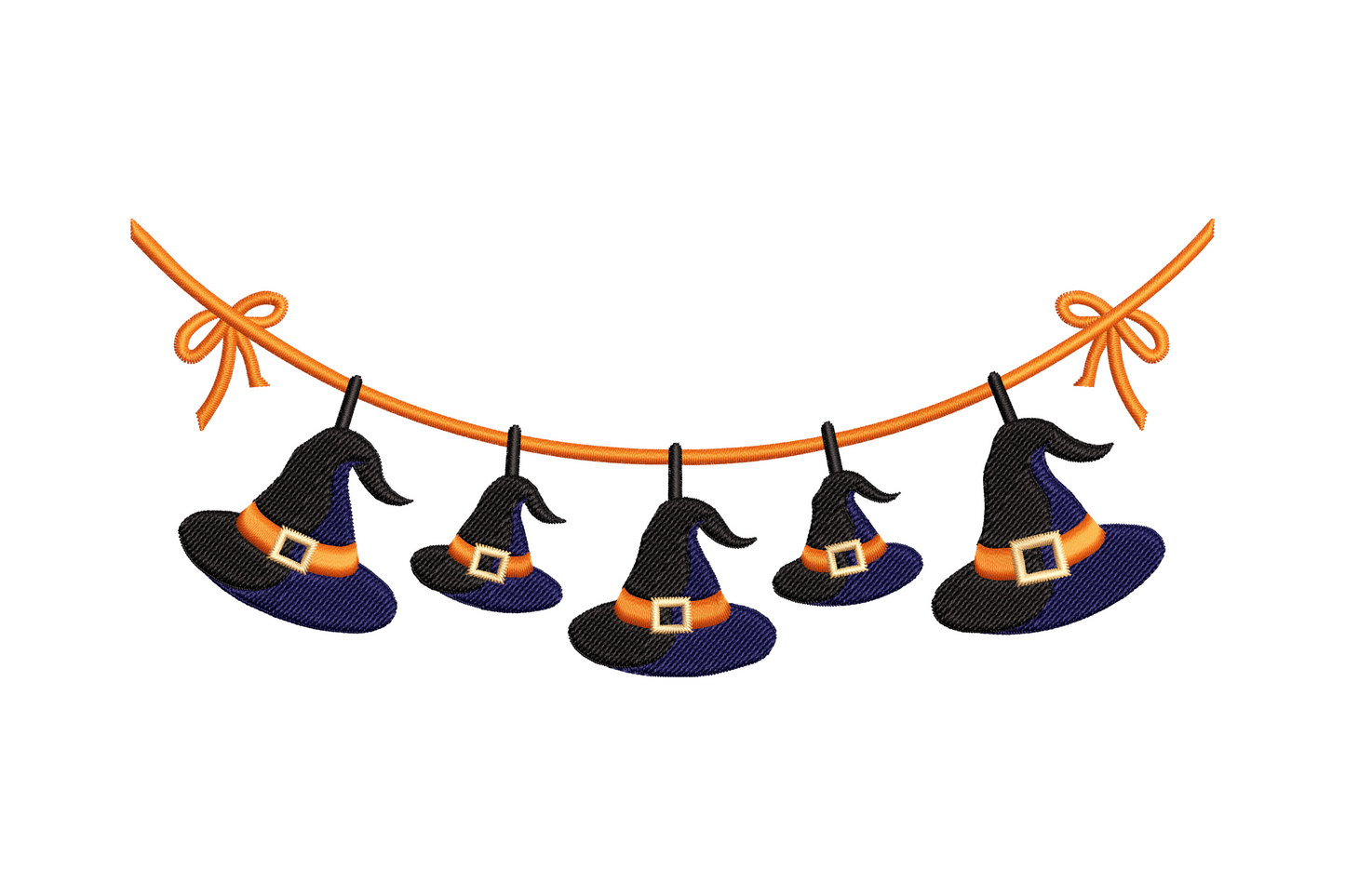 Witch hat garland embroidery with five black hats and orange bands hung from a swooping dark rope line