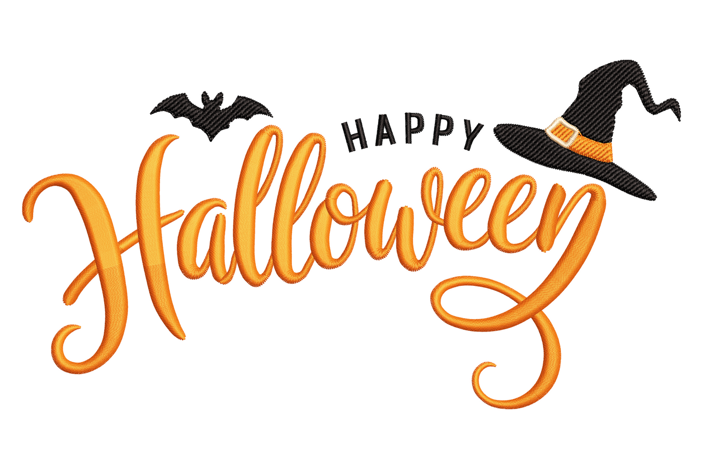 Horizontal Halloween lettering design with small witch hat graphic, black and warm orange and purple palette, hand-lettered bouncy style, compact landscape layout.