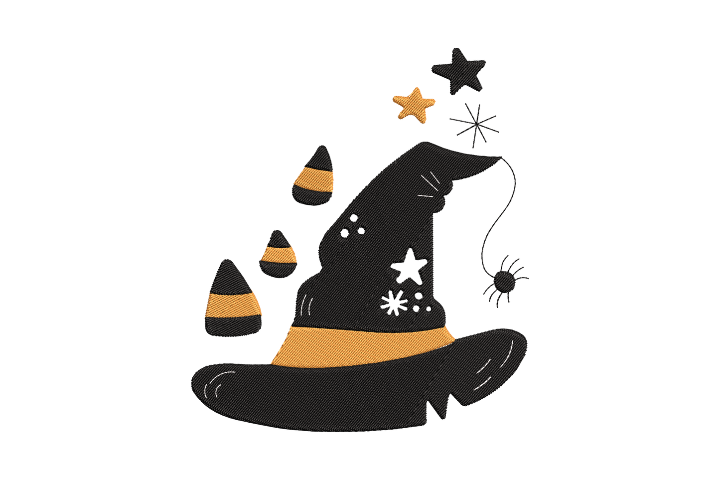 Witch hat Halloween embroidery design with orange band, candy corn, star and hanging spider in black, orange and white.