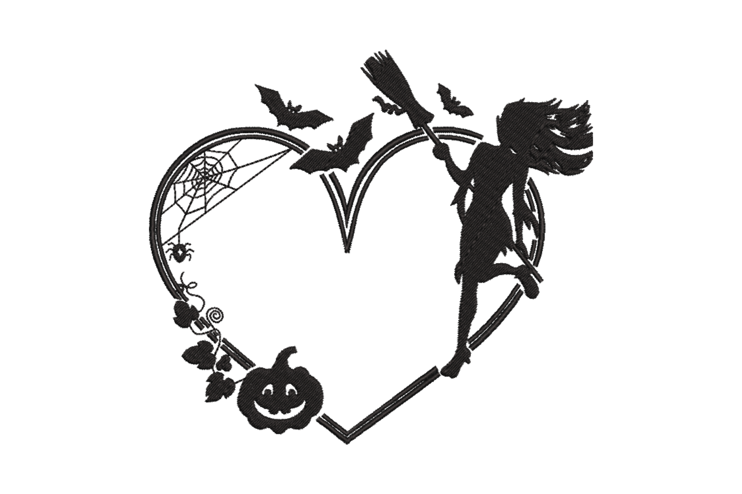 Halloween heart frame in black, witch with broomstick on the right, spiderweb on the left, bats at top and pumpkin at base.