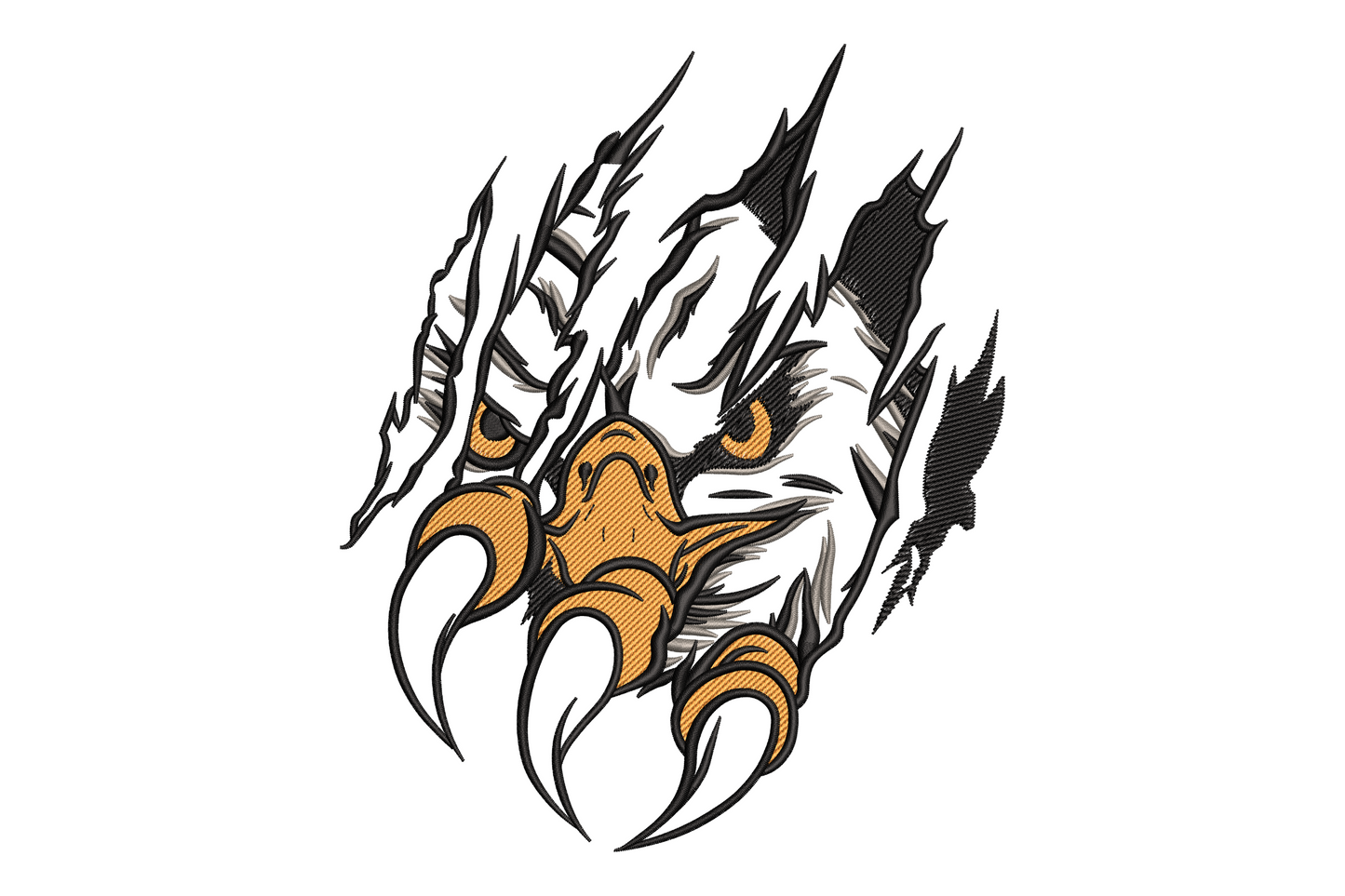 Wolf claw scratch embroidery design with orange paw pads, grey claws and jagged black claw marks radiating outward.
