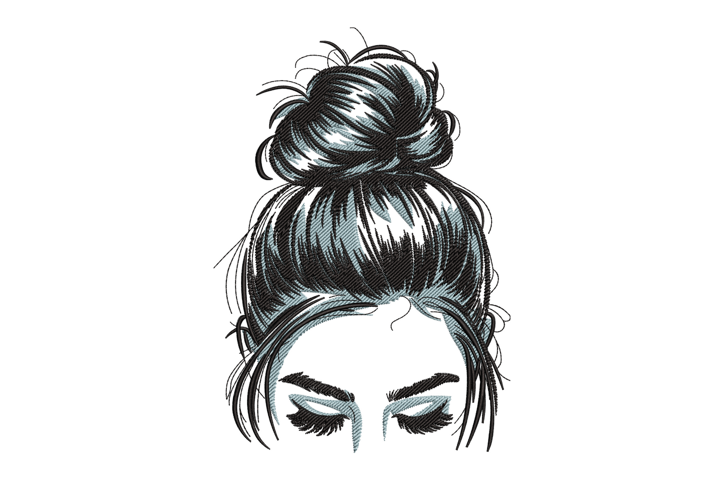 Woman hair bun with eyelashes embroidery design, side profile silhouette in 2 thread colours with satin eyelash detail