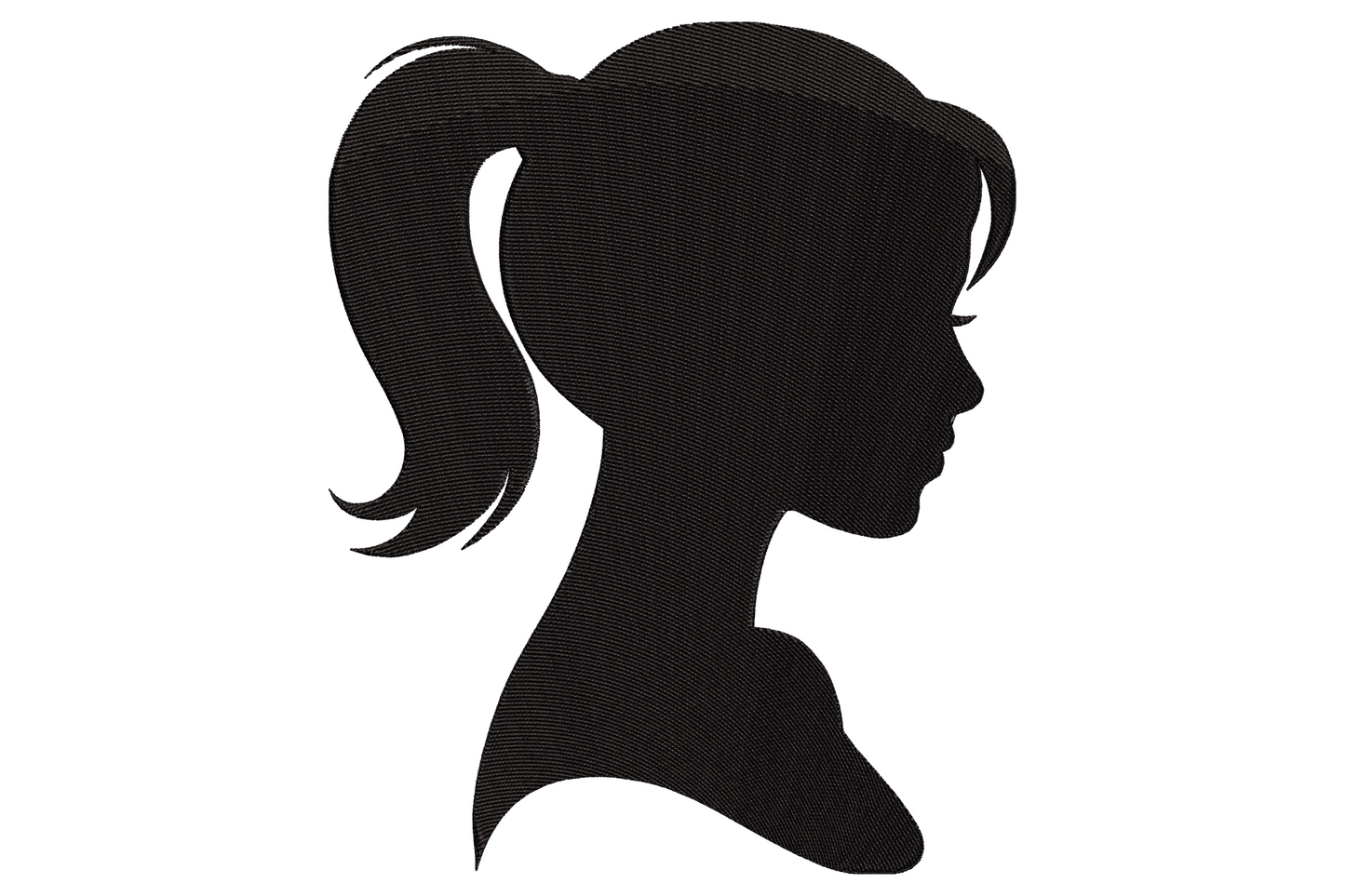 Woman profile silhouette embroidery design with high ponytail in solid black fill, side view facing right.