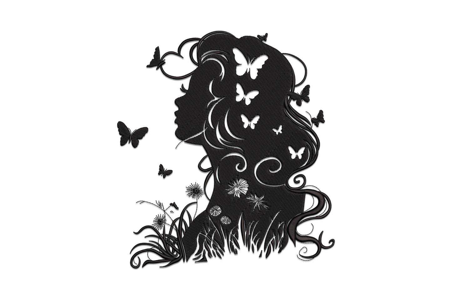 Woman silhouette embroidery design in solid black, flowing hair filled with white butterfly negative spaces, dandelion stems below, profile view.