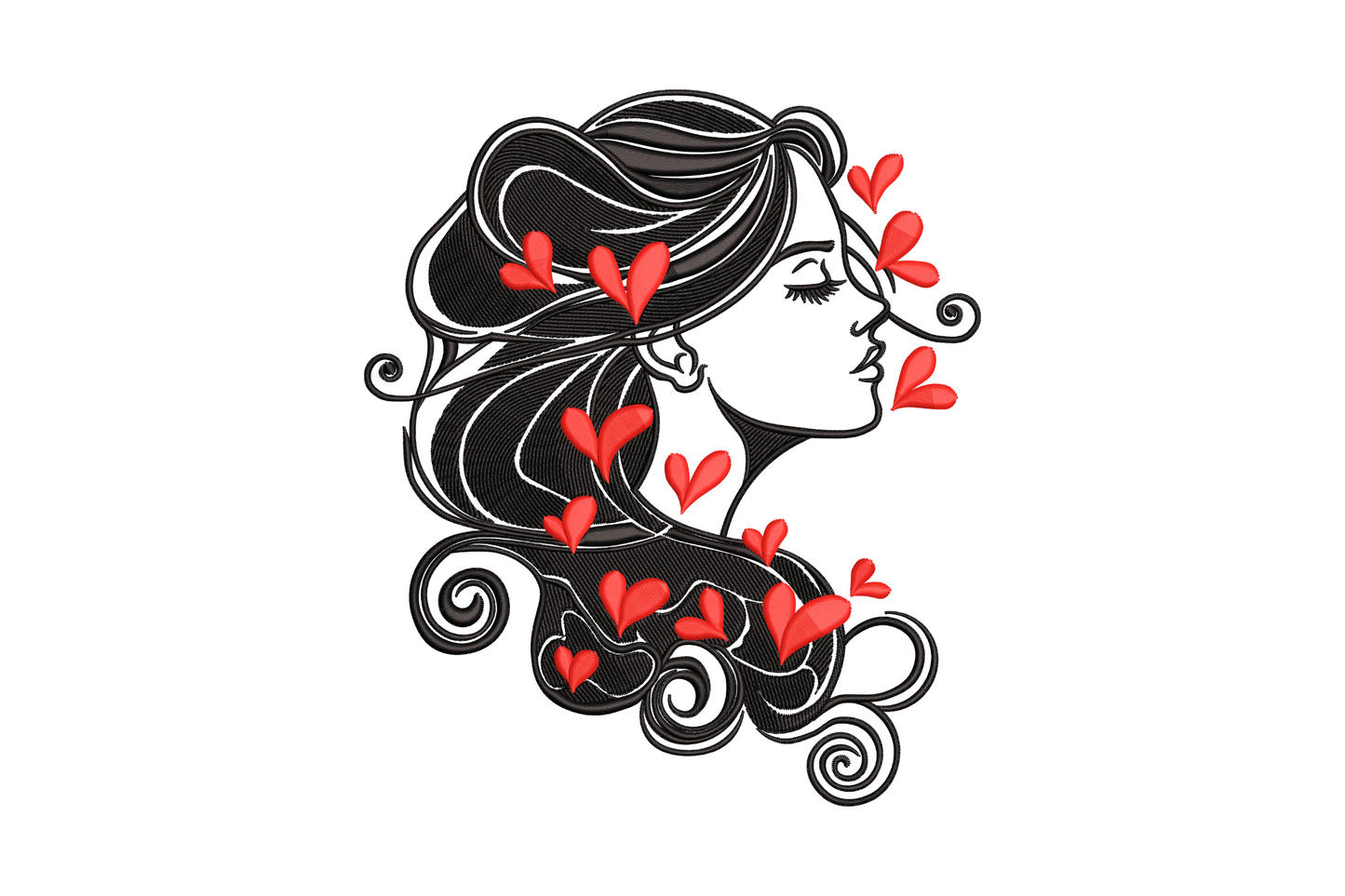 Woman silhouette with hearts embroidery design showing a clean feminine figure surrounded by scattered hearts in a 2-colour bold graphic style.