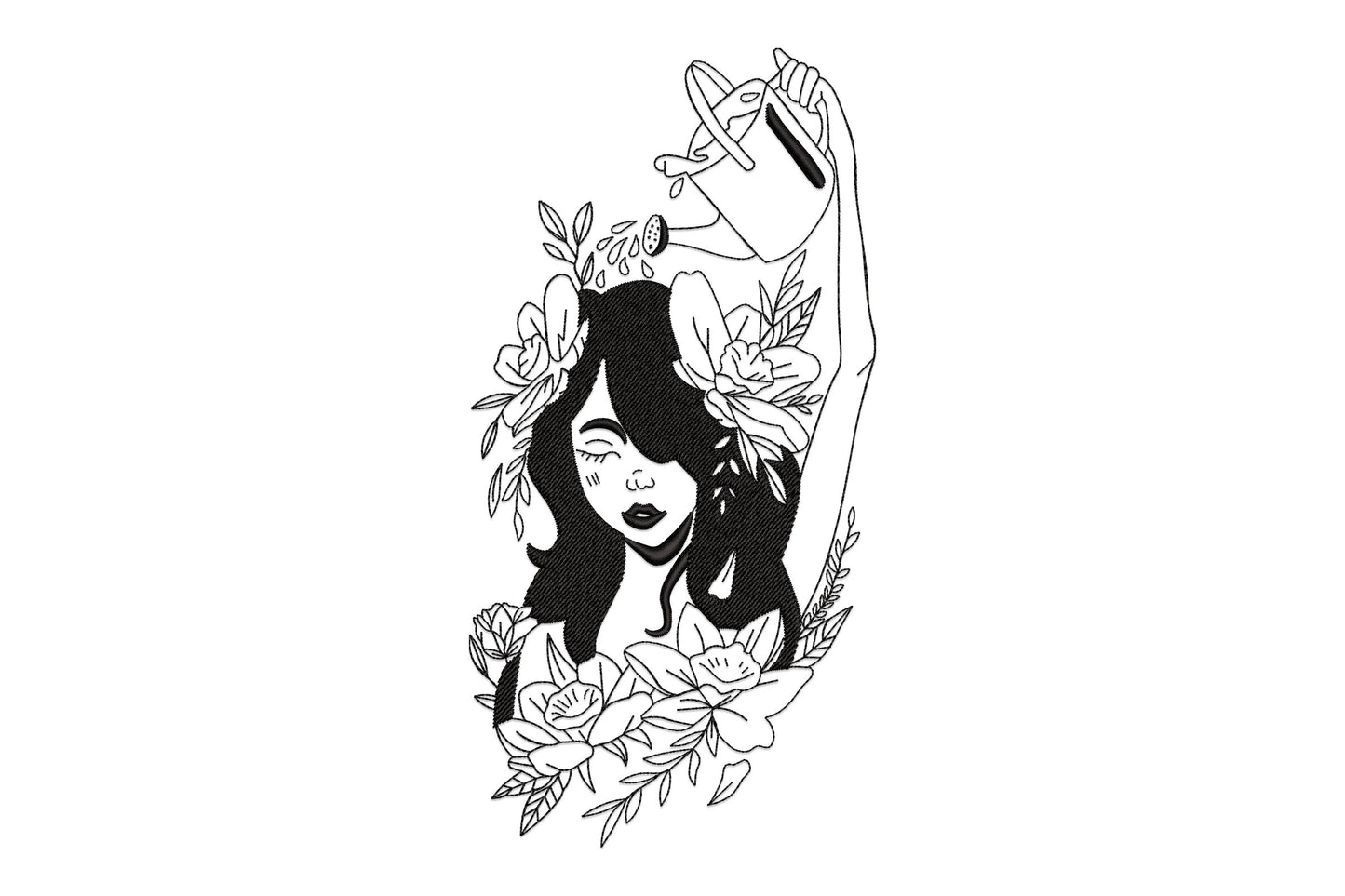 Woman watering flowers design: solid black hair, eyes closed, arm raised with watering can, botanical blooms around her.