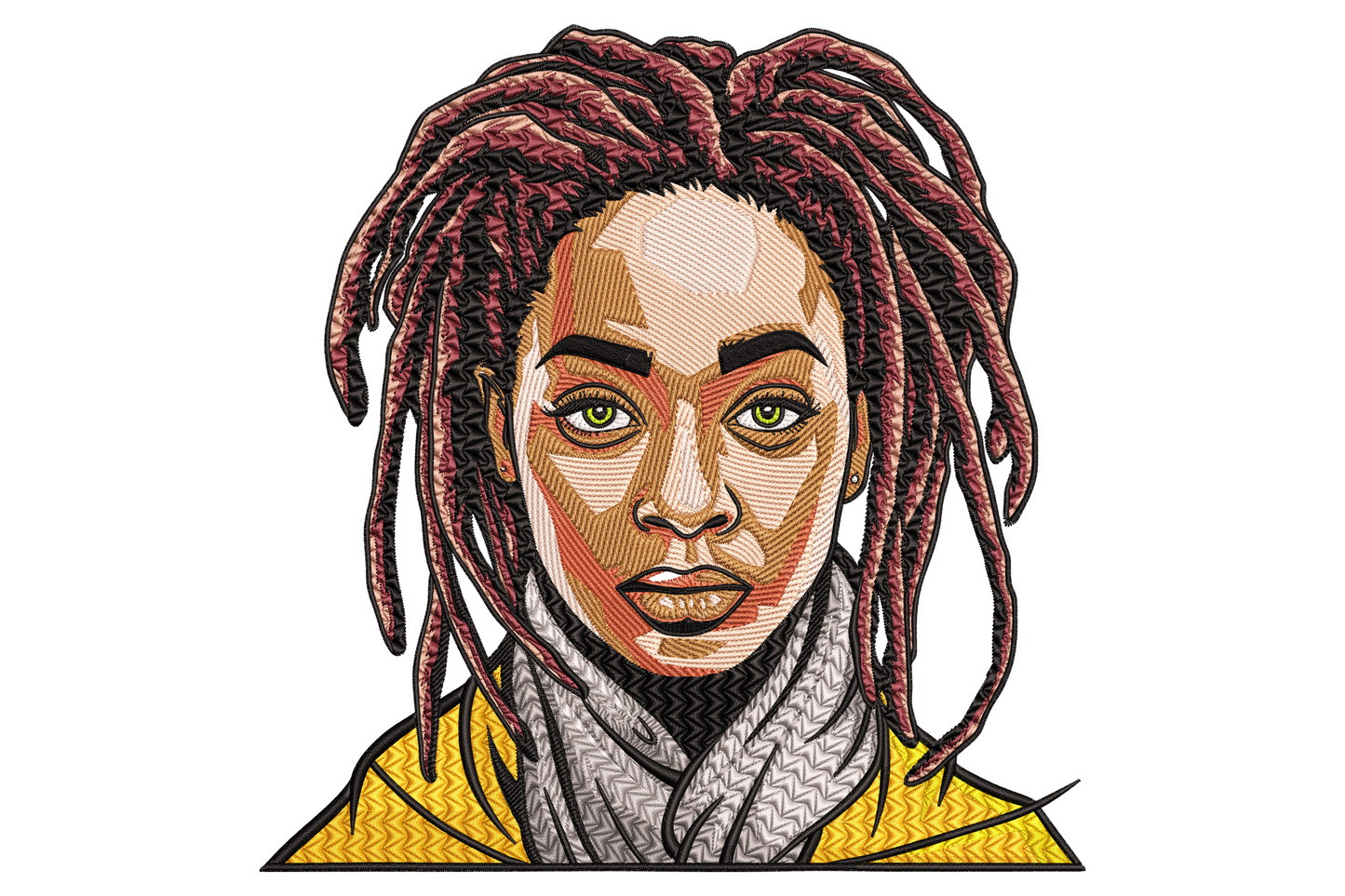 Side-profile embroidery portrait of a Black woman with long honey-brown dreadlocks, plum lips and a gold hoop earring