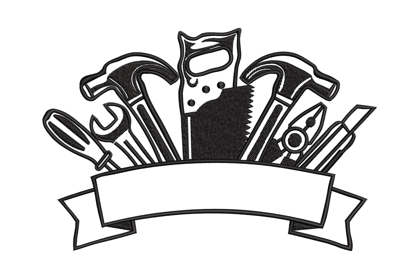 Workshop tools banner embroidery design - crown of hammers, saw, wrench and pliers above ribbon banner, black, 5 sizes