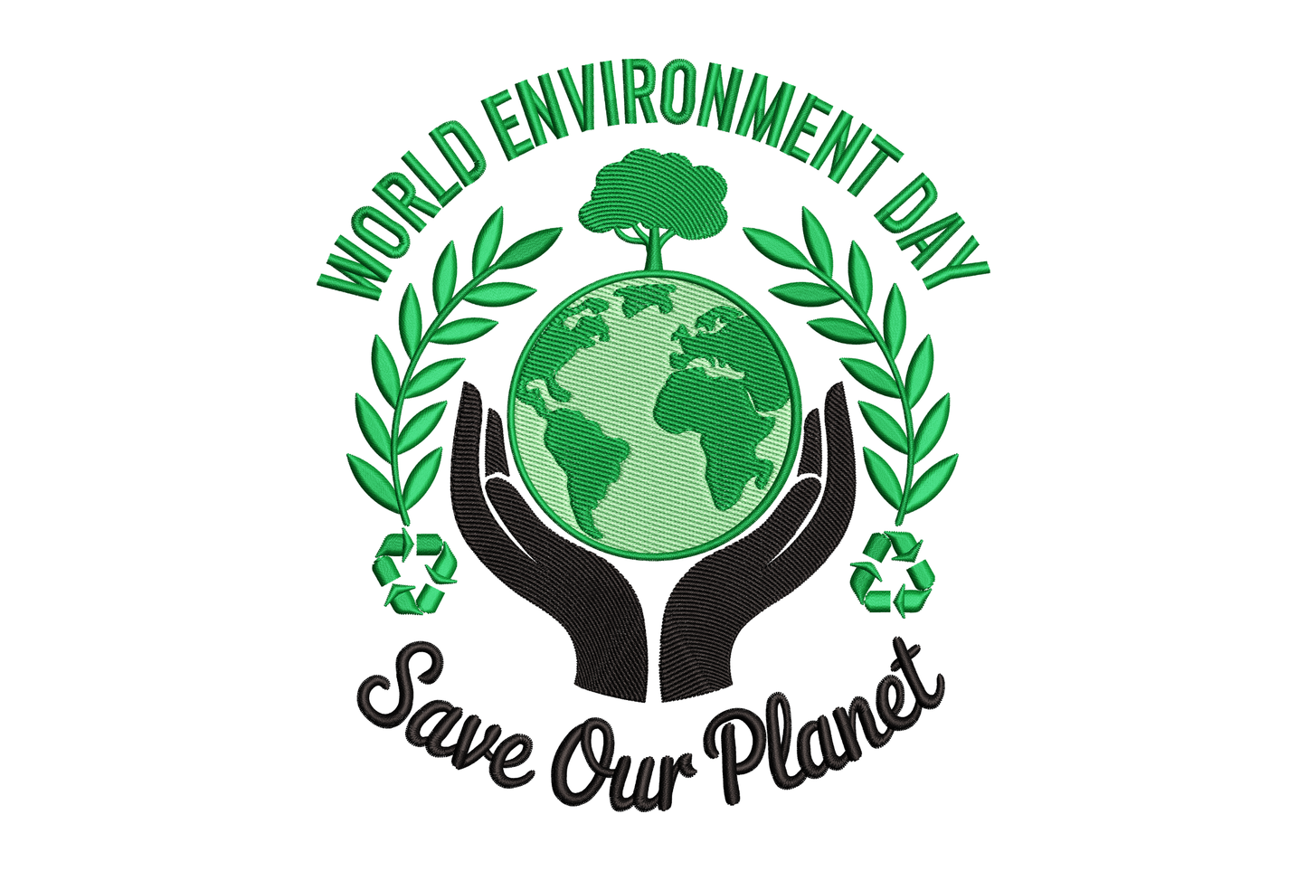 Logo for World Environment Day with hands holding a globe and greenery embroidery design