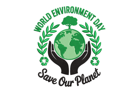 Logo for World Environment Day with hands holding a globe and greenery embroidery design