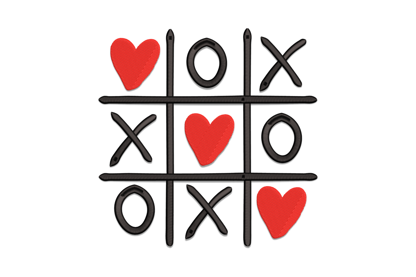 Tic tac toe grid embroidery with red filled hearts in three cells and black X and O marks in the remaining squares