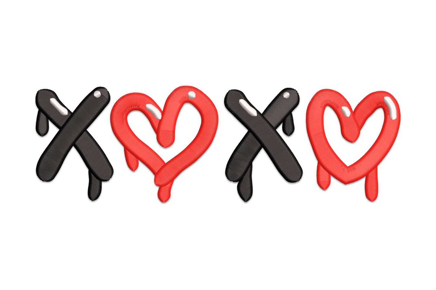 Graffiti-style XOXO embroidery design with chunky black X letters and red heart-shaped O letters with drip detail