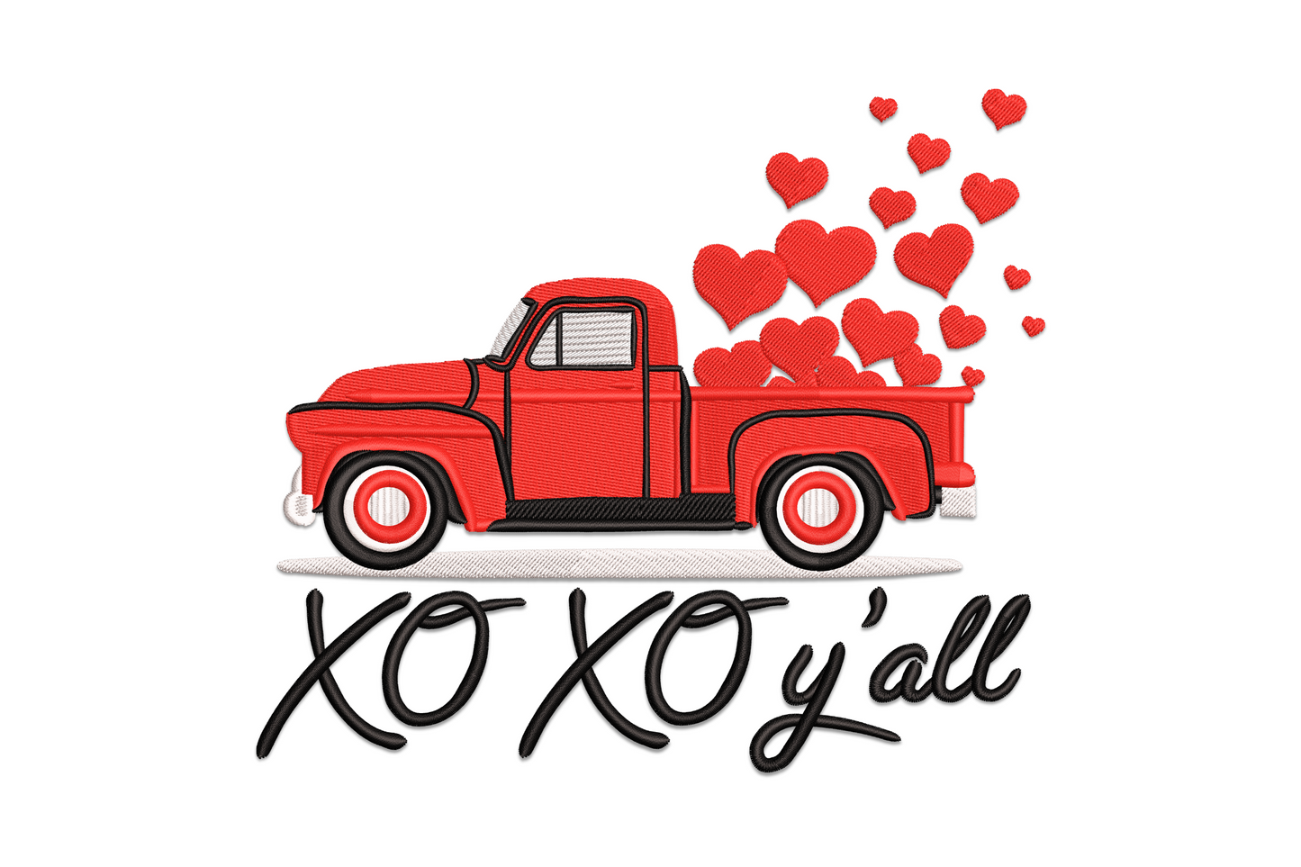 Southern valentine pickup truck embroidery with heart balloons in the bed and XO Y'all hand-lettered script below