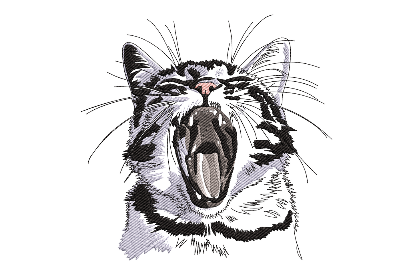 Yawning cat embroidery design, realistic tabby face with open mouth, pink tongue, whiskers and directional grey fur stitching.