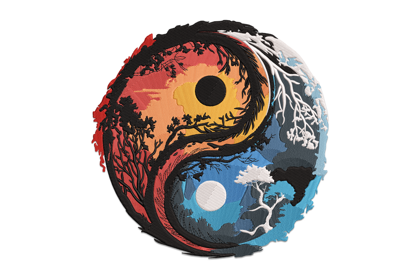 Yin yang nature embroidery design with fire sunset and moonlit forest scenes, 11 colors, tree silhouettes, 9 sizes