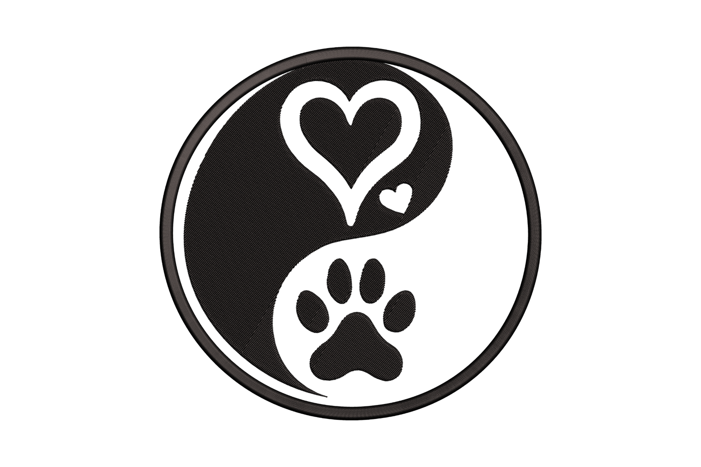 Yin yang paw heart embroidery design, black circular medallion with looped heart on top half and chunky paw print below.