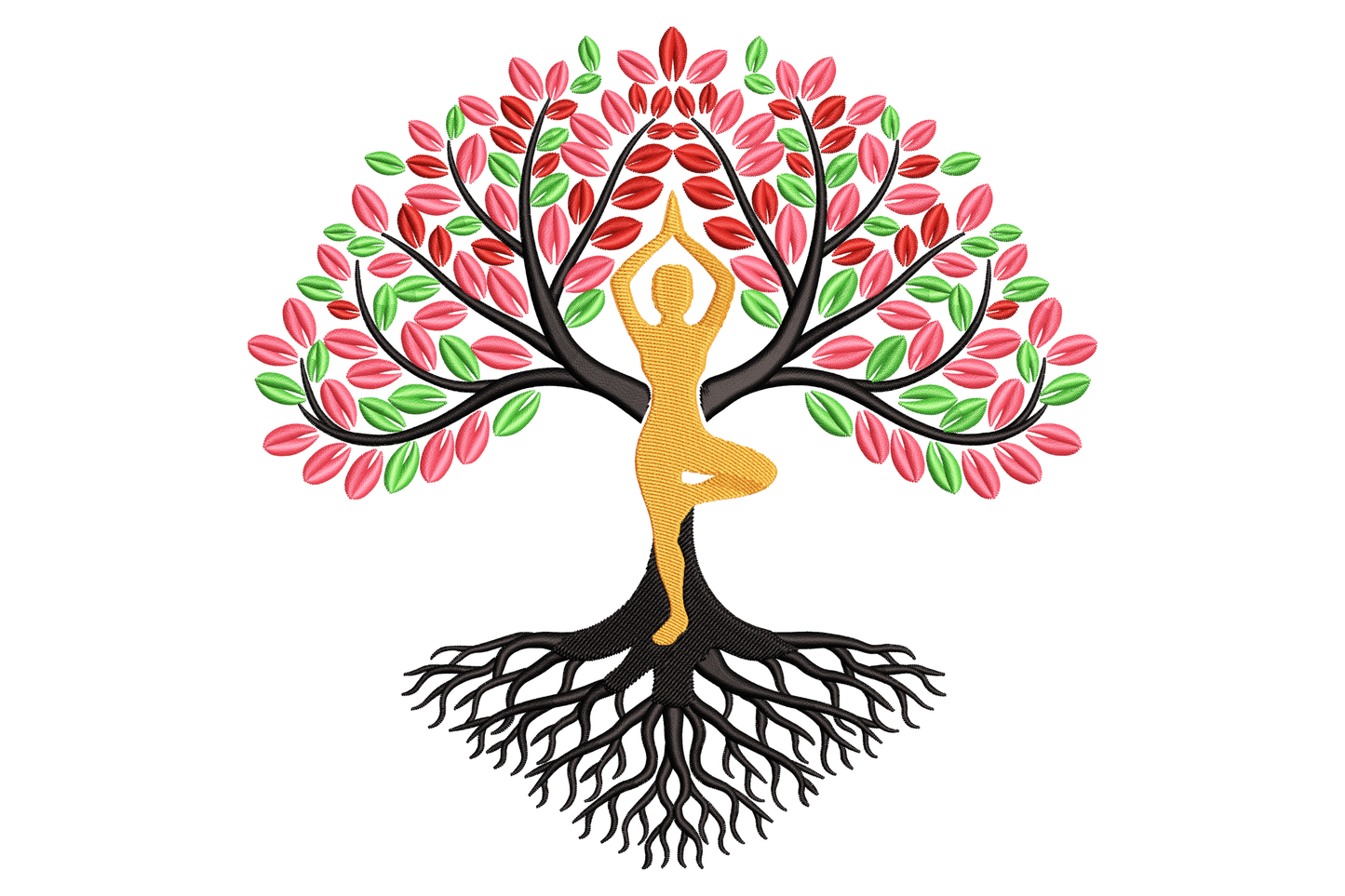 Yoga tree pose embroidery, golden silhouette inside a tree of life with black roots and coral and green canopy.