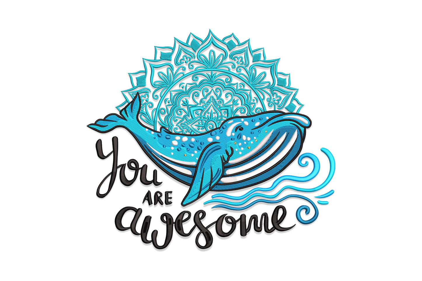 You are awesome whale mandala embroidery design with blue whale, geometric mandala halo and brush-script lettering in 7 thread colours.