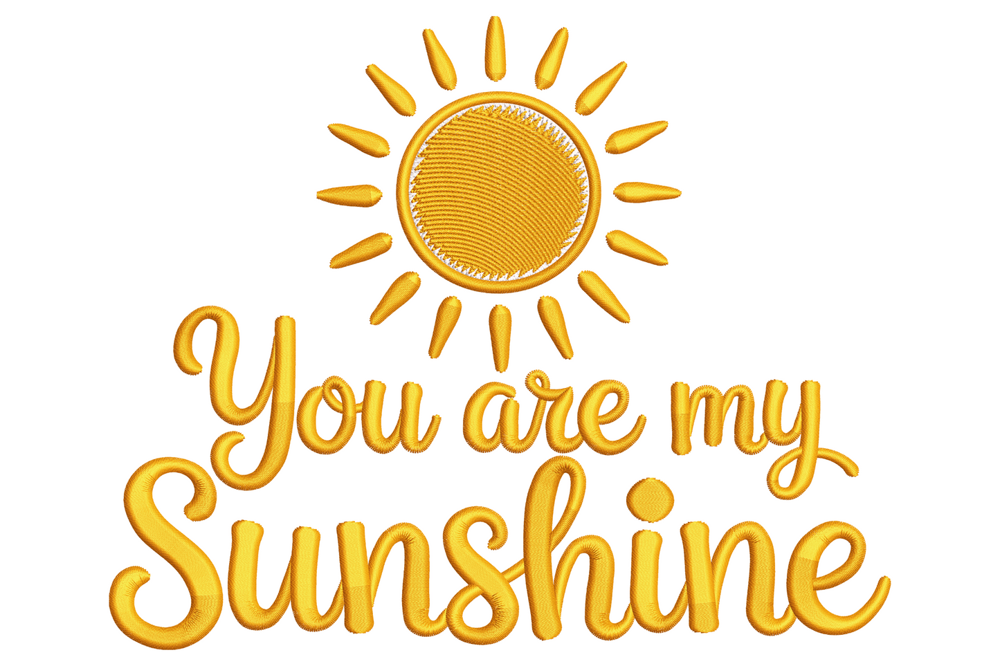 You Are My Sunshine embroidery in mustard yellow flowing script with a tiny black sun tucked inside the letter e loop.