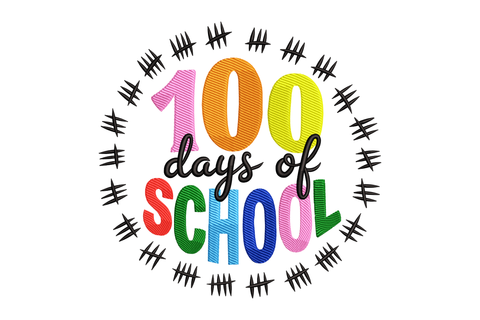 Colorful '100 days of school' text with black border on white background