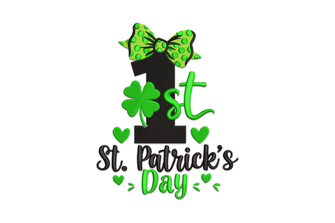 Baby's first St. Patricks Day embroidery with a black number 1, green polka-dot bow on top and four-leaf clover at the base.