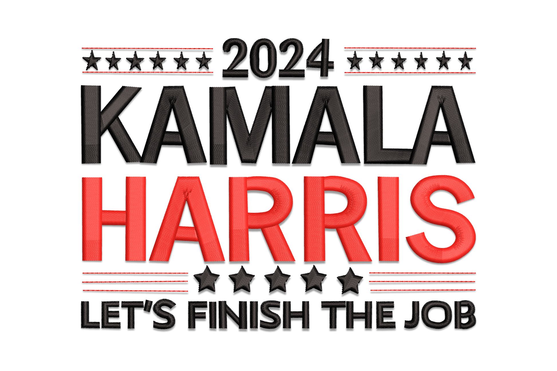 2024 Kamala Harris political embroidery design with bold black and red stacked text, star rows on white background