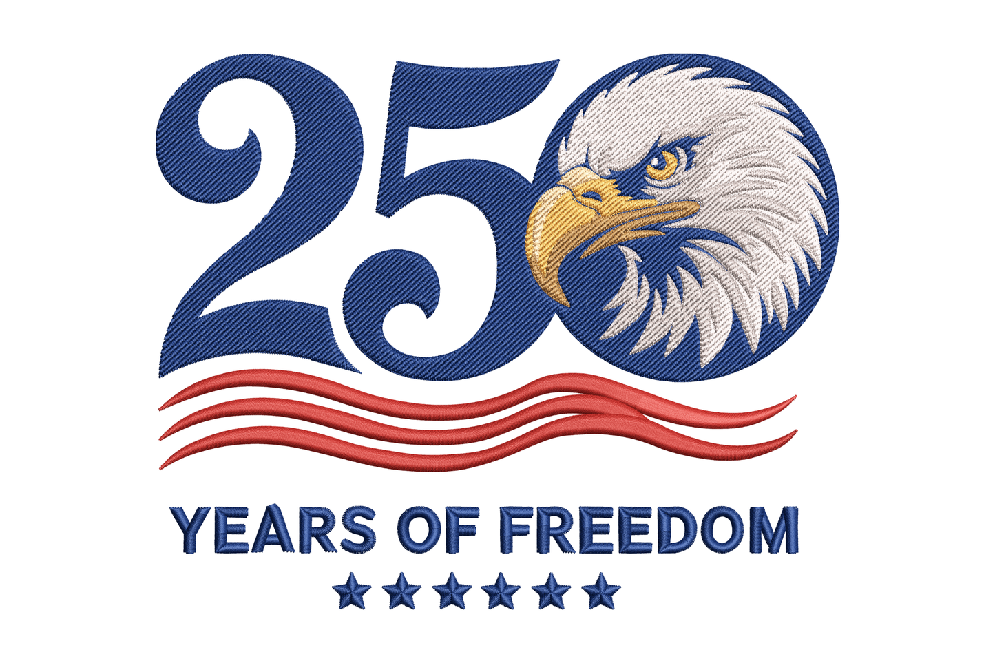 Logo with an eagle, number 250, and 'Years of Freedom' text embroidery design