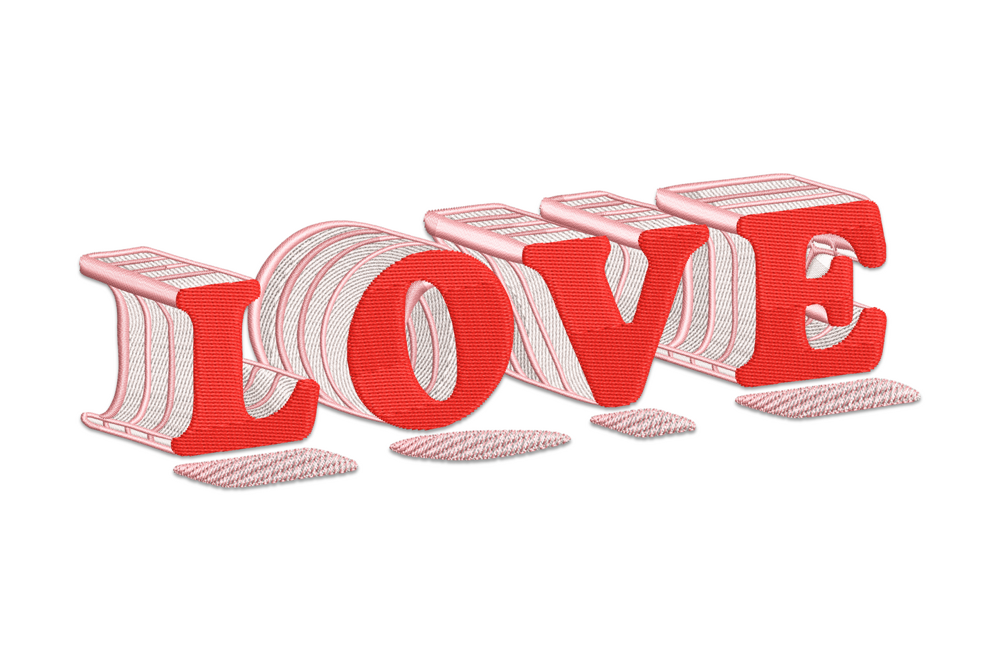 3D LOVE valentine embroidery design in bold red block capital letters with white hatched shadow depth effect, wide horizontal layout.