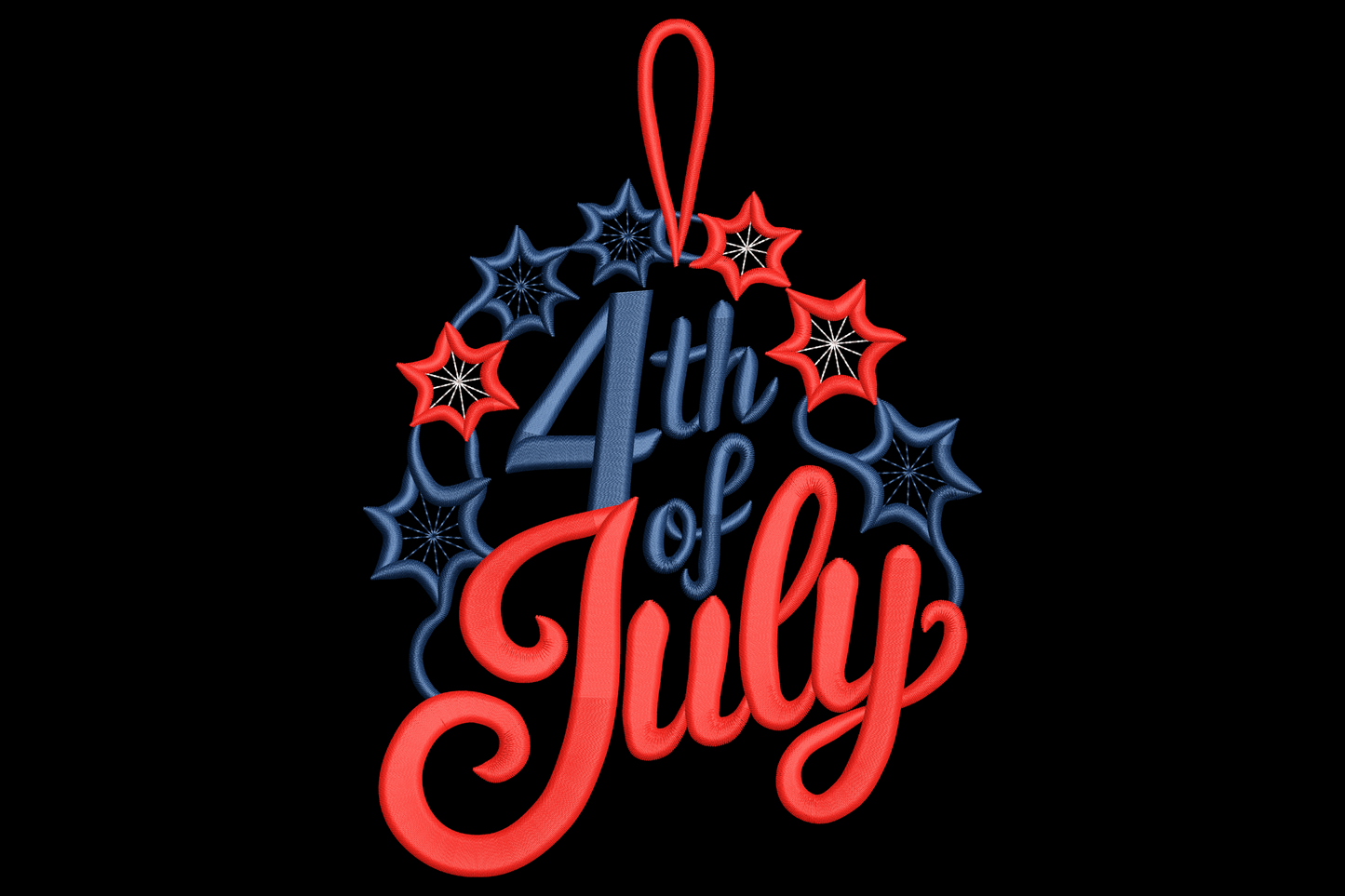 4th of July embroidery with chunky navy block numerals, red cursive July script and a wreath of red and navy filled stars.