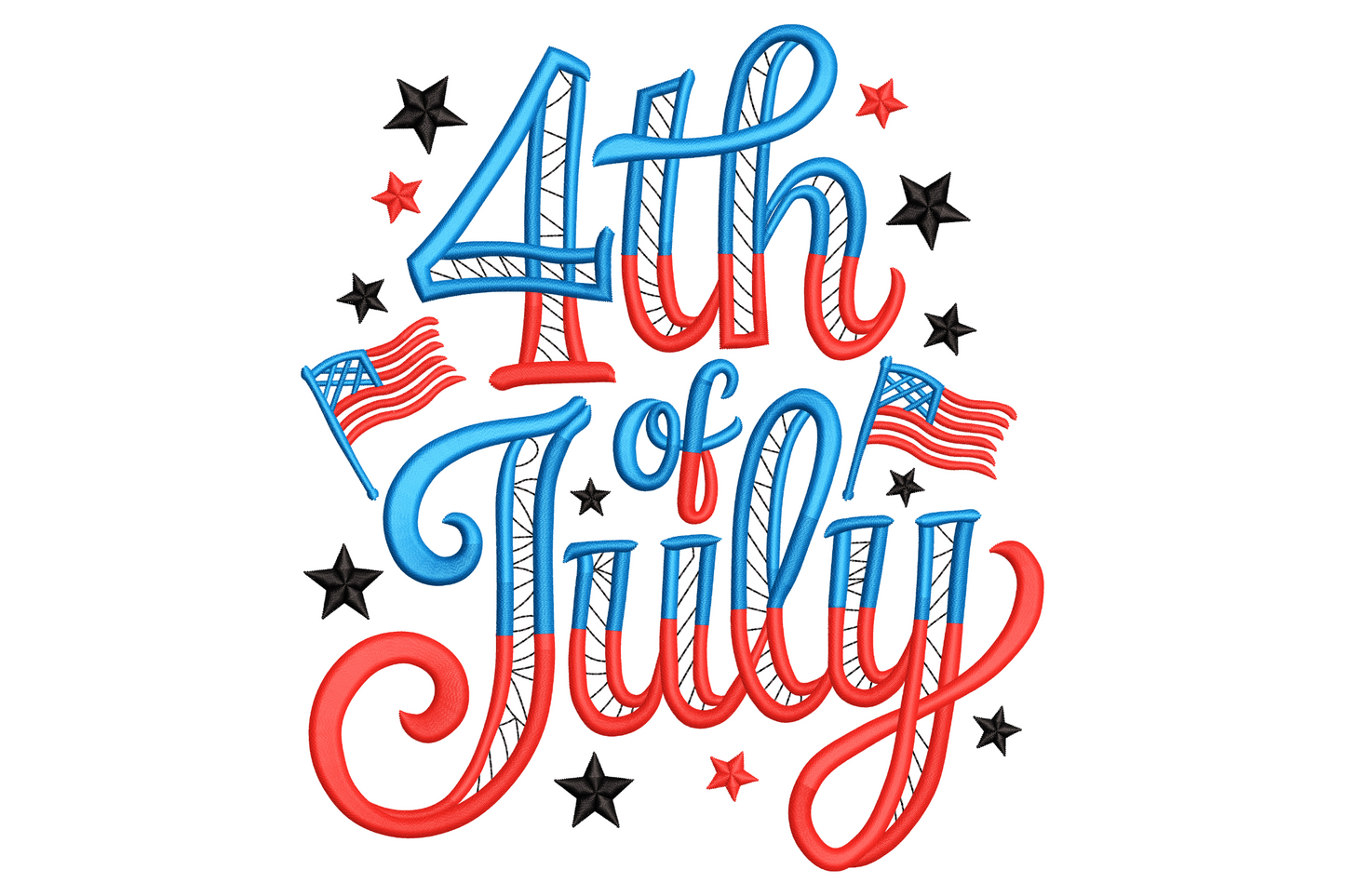 4th of July patriotic lettering embroidery in cyan-blue, red and black with scattered stars and tiny flags.