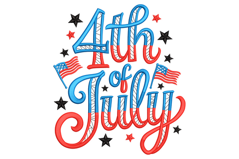 4th of July patriotic lettering embroidery in cyan-blue, red and black with scattered stars and tiny flags.