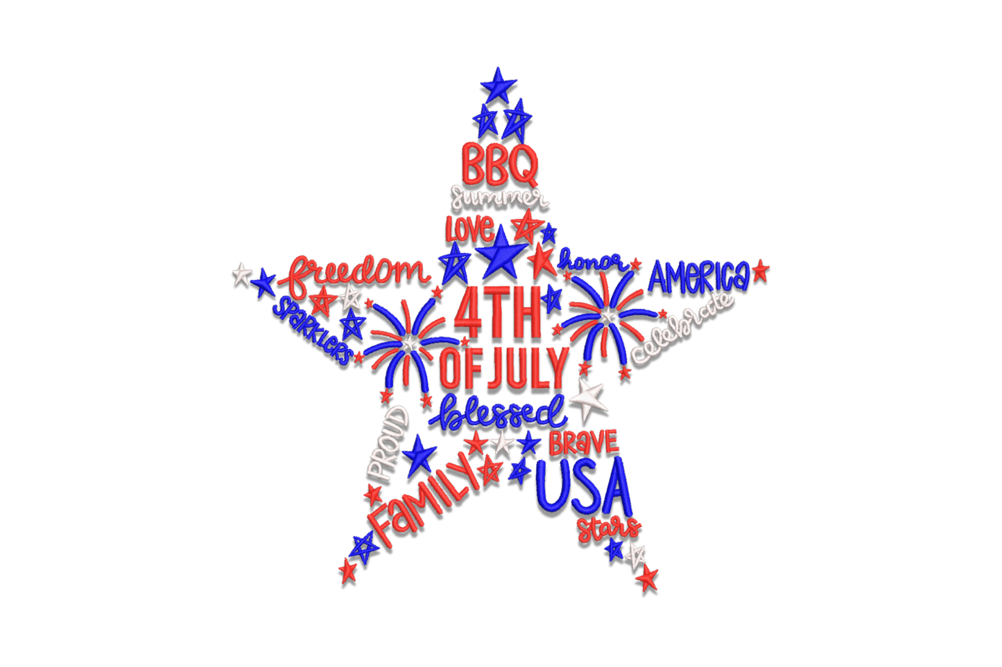 4th of July bold star typography embroidery design, large scale stacked text with star accents in navy red and white, for jacket backs shirt panels and patriotic events