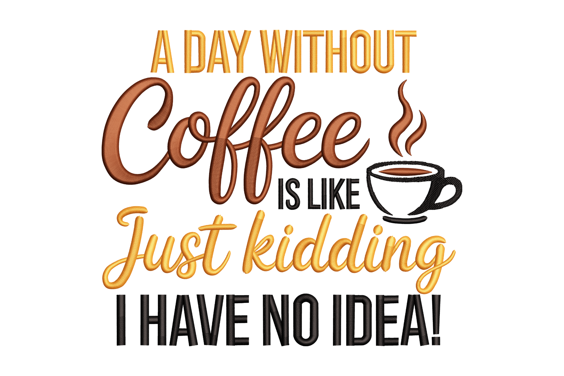 Coffee-themed graphic with humorous text and a cup icon on a white background