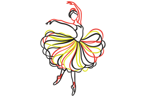 Abstract ballerina embroidery design in continuous line art with red, yellow and black flowing tutu strokes.