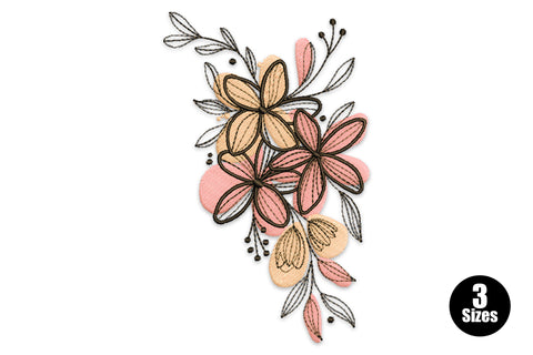 Abstract blush floral line art embroidery, three blooms in blush pink and peach with fine black outline stems, botanical