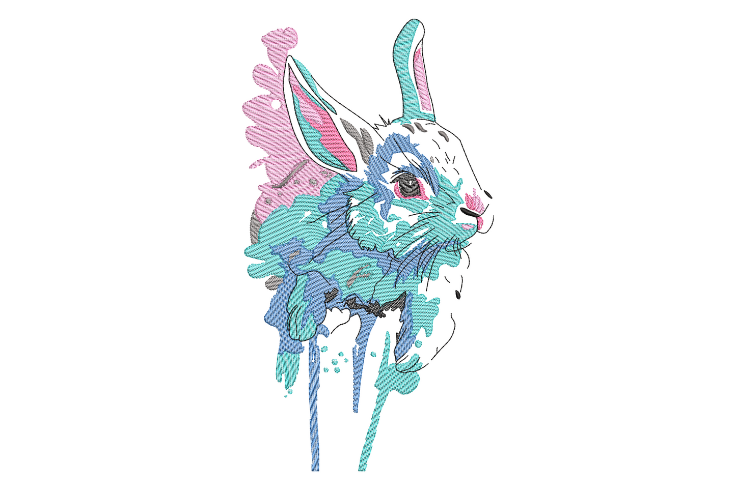 Abstract psychedelic bunny head embroidery design in aqua, teal, hot pink, and grey with ink drip effect at the bottom