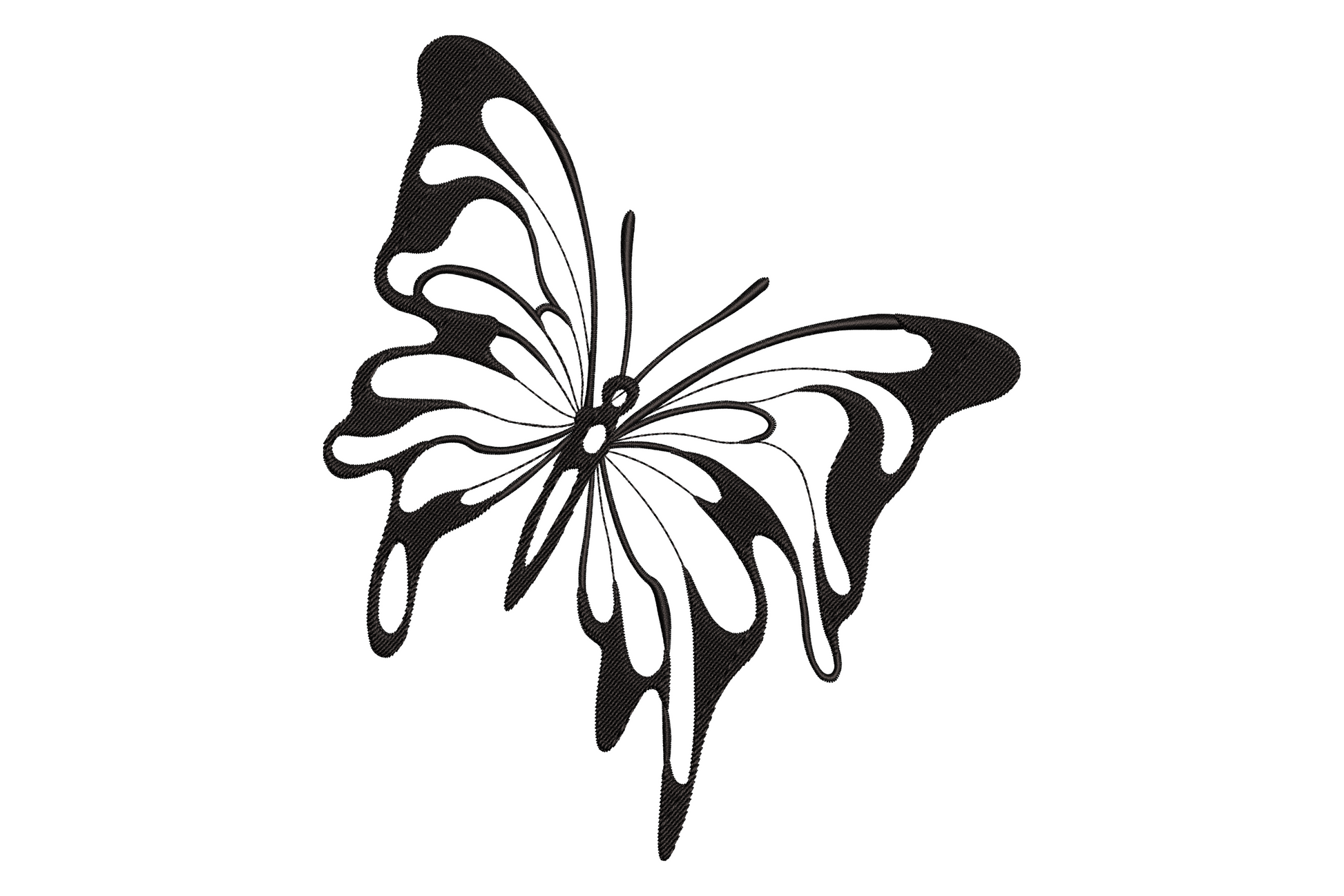 Abstract black butterfly embroidery design with bold wing sections and curved open channels, single color, mid-flight pose