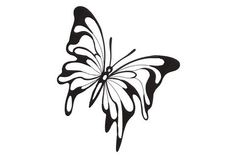Abstract black butterfly embroidery design with bold wing sections and curved open channels, single color, mid-flight pose