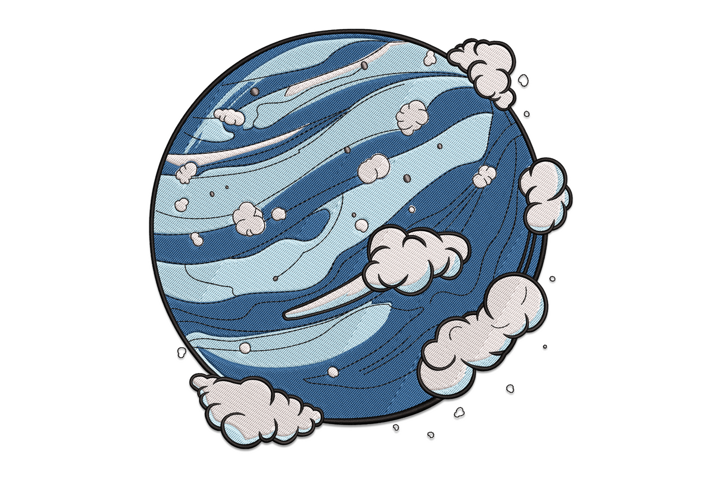 Abstract planet embroidery wrapped in chunky cartoon clouds, deep navy and sky blue banding, white cloud shapes, machine embroidery design on white background