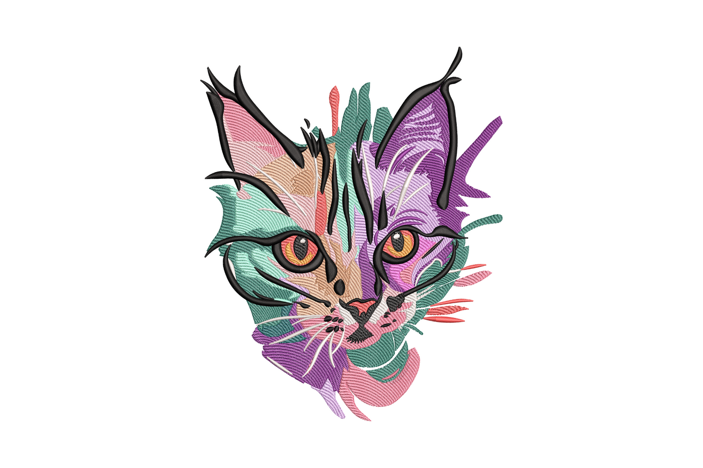 Abstract colourful cat face embroidery split teal and purple with amber eyes and coral brushstroke marks, bold graphic style.