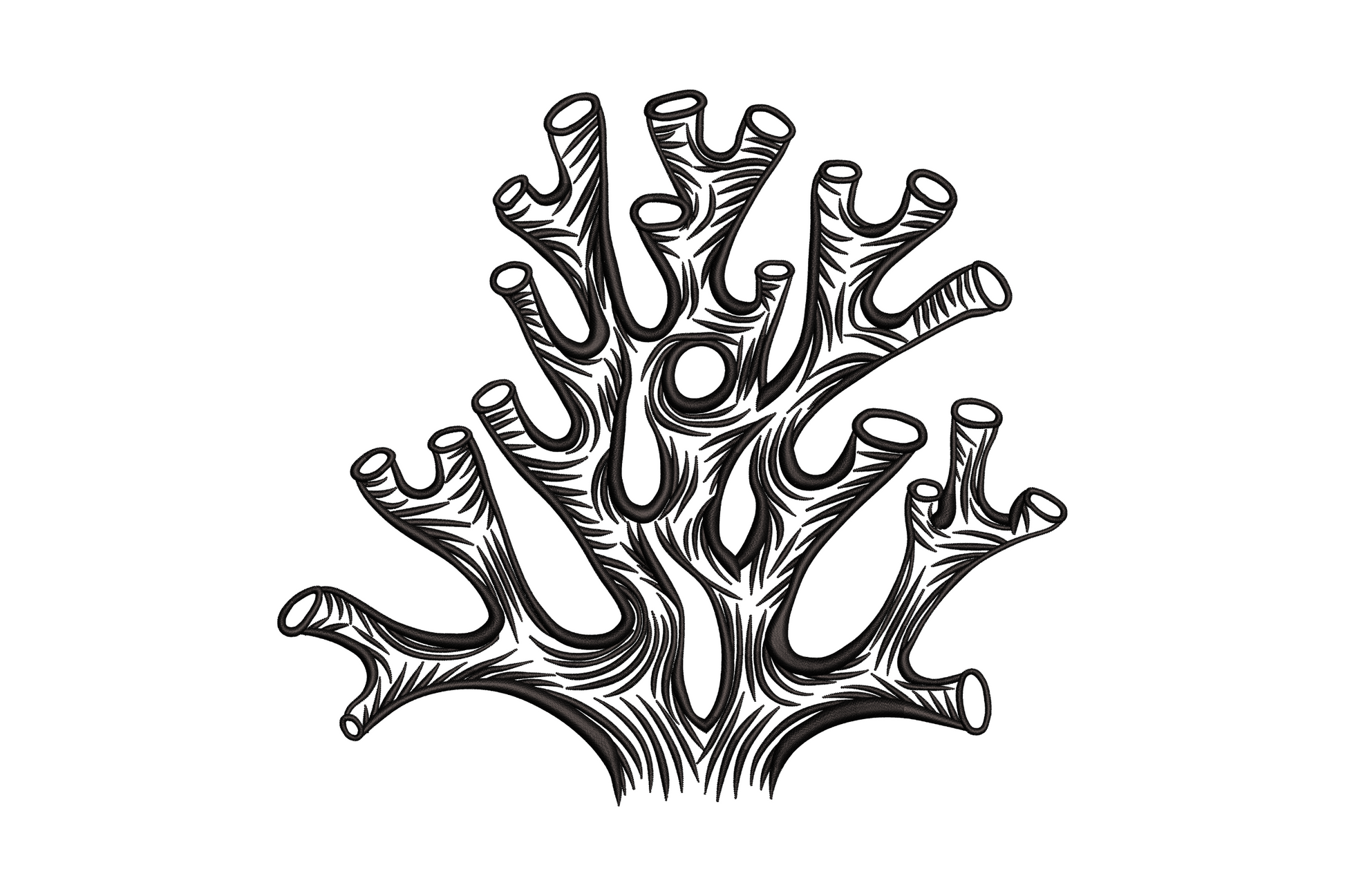 Abstract coral branch machine embroidery design, single colour coastal botanical motif with branching arms and fine tips
